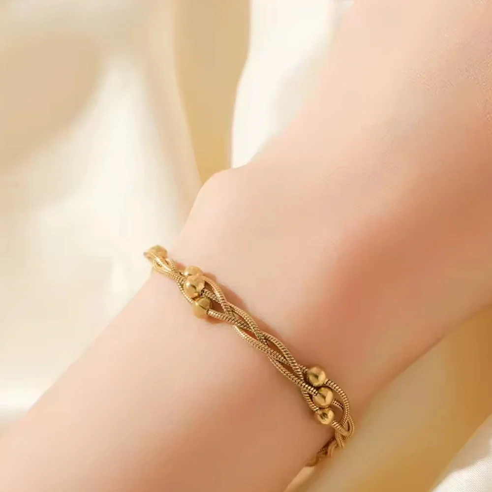 18K Gold plated Bead Winding Chain Necklace Bracelets Set Stainless Steel